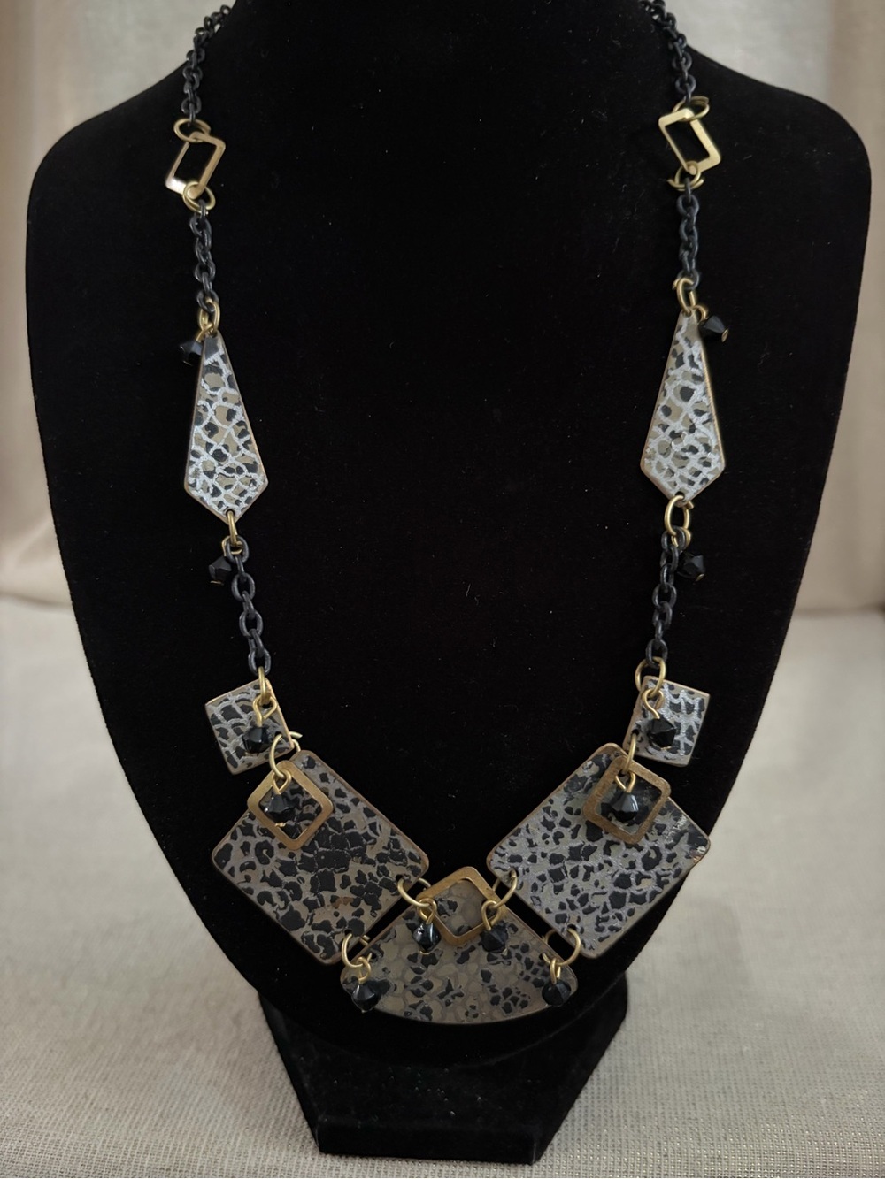 Vintage Brass & Black Speckled Statement Necklace - Unbranded
